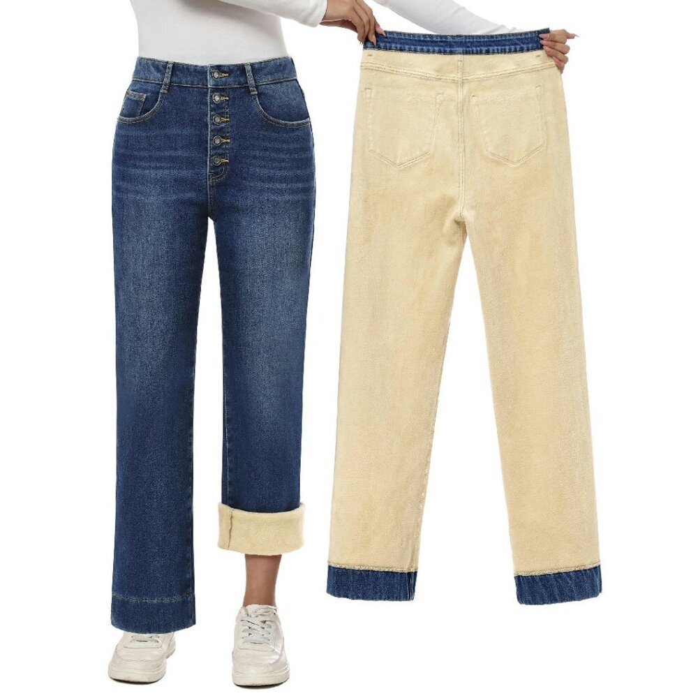 High Waisted Fleece Lined Straight Leg Jeans Winter Warm Stretch Denim